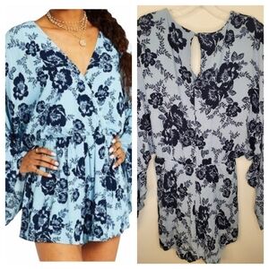 Altar'd State Romper Size S Blue Floral Long flowy sleeves
